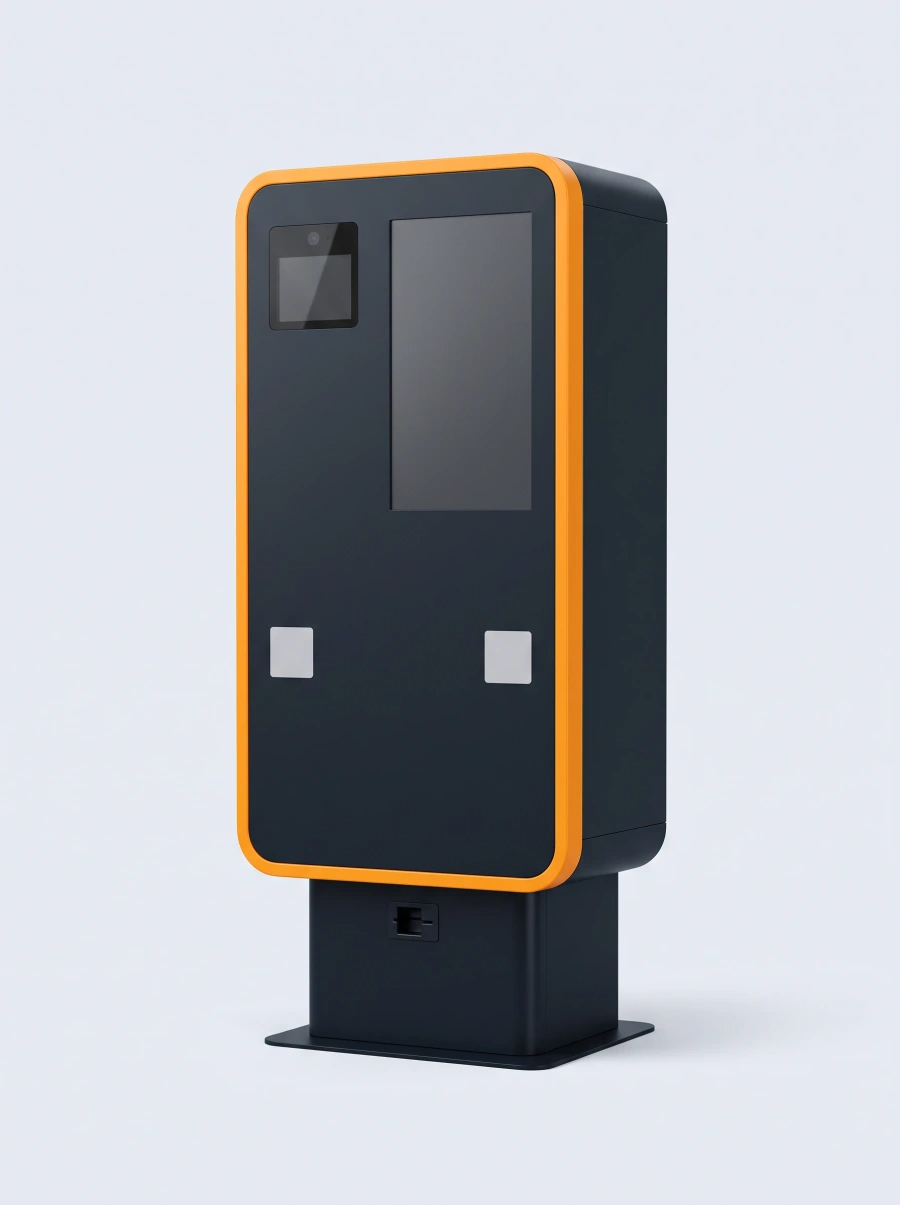 Studio product photo of the COINworKs Bitcoin ATM kiosk, a dark cabinet with bright orange trim framing its screen and camera window