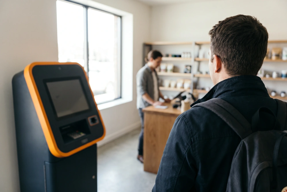 A customer at a COINworKs Bitcoin ATM inside a small retail store, with the store owner at the counter behind